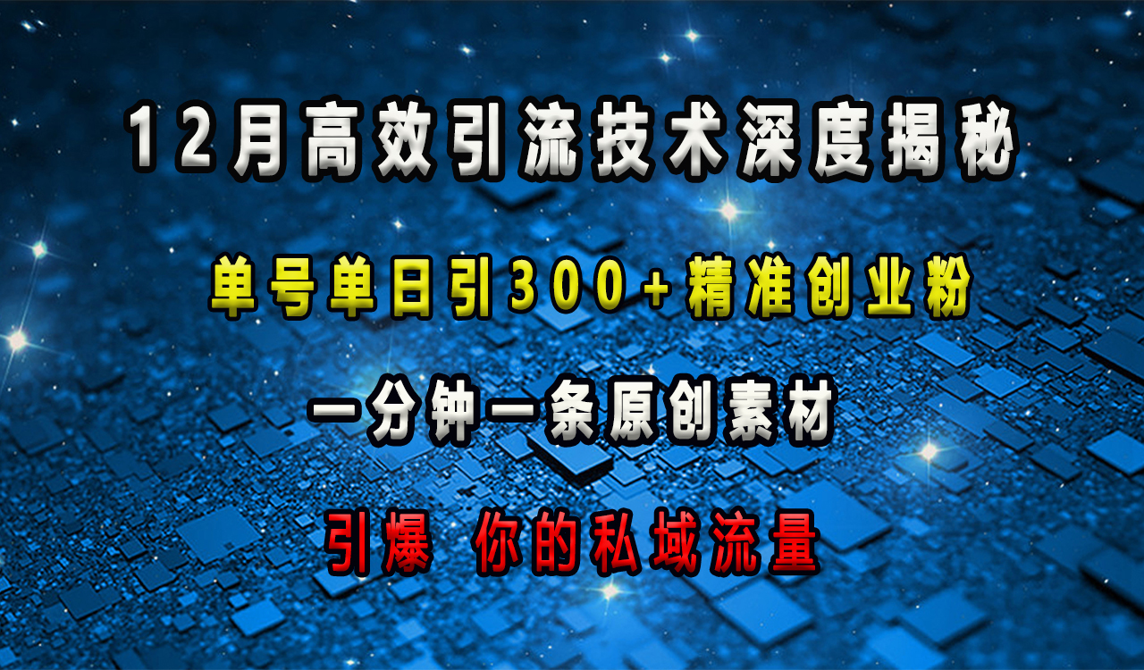 12月高效引流技术深度揭秘 ，单号单日引300+精准创业粉，一分钟一条原创素材，引爆你的私域流量-小小小弦