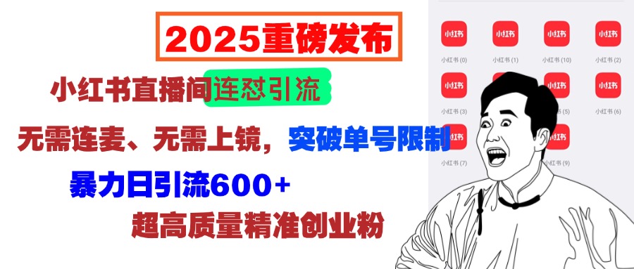 2025重磅发布：小红书直播间连怼引流，无需连麦、无需上镜，突破单号限制，暴力日引流600+超高质量精准创业粉-小小小弦